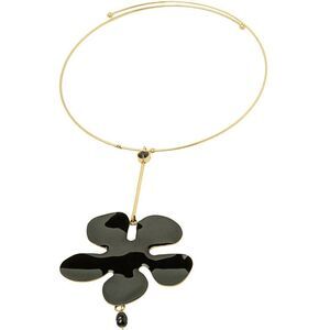PILGRIM Goldtone Glossy Black Enamel Flower Pendant Choker